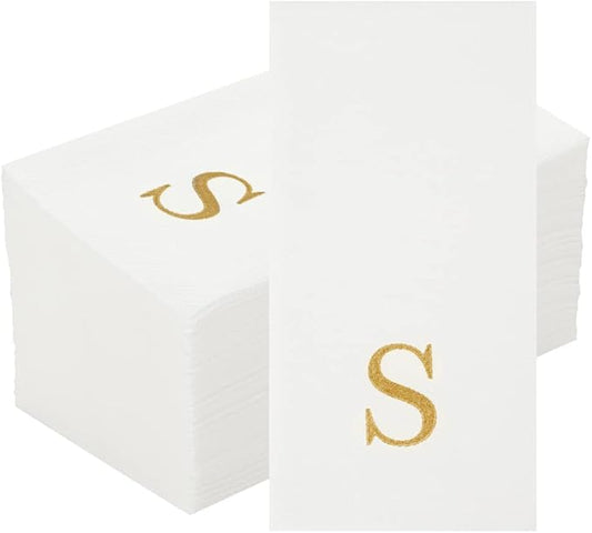 Luxenap 15.8 X 7.9 Inch Linen-Feel Guest Towels, 2000 Lettered Hand Towels - Gold Letter 'S', Sans Serif Font, White Paper Dinner Napkins, airlaid, For Restrooms And Tables