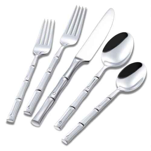 Silverware Set Silver Bamboo Handle Flatware Stainless Steel Heavy Cutlery Set 20 Pieces Mirror Polished Spoons Forks and Knives Service for 4