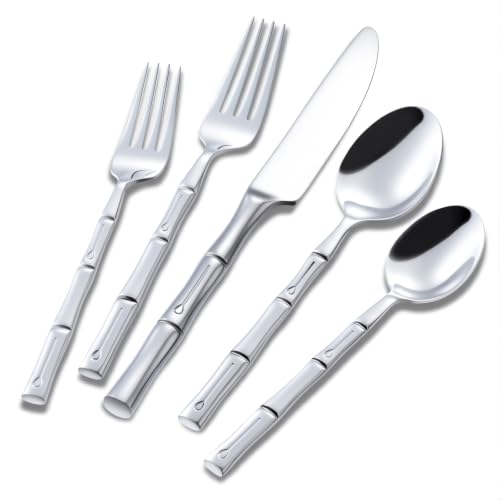 Silverware Set Stainless Steel Flatware Set 40 Pieces Cutlery Set Bamboo Handle Mirror Finished for Home Kitchen Restaurant Hotel Cutlery Set Service for 8