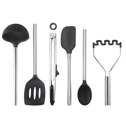 Silicone Cooking Utensil Set of 6 Stainless Steel Handle Ladle Slotted Turner Tongs Flex Core Spatula Scraper Mixing Spoon & Potato Masher (Black)