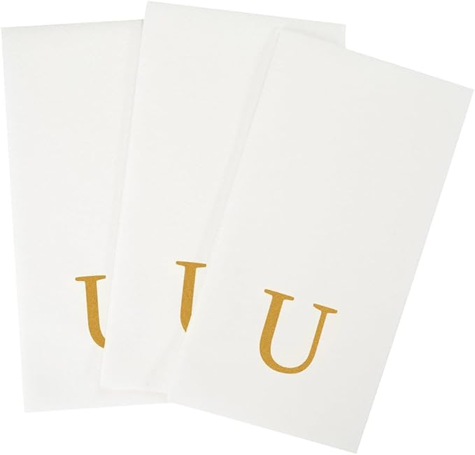 Luxenap 15.8 X 7.9 Inch Linen-Feel Guest Towels, 50 Lettered Hand Towels - Gold Letter 'U', Sans Serif Font, White Paper Dinner Napkins, airlaid, For Restrooms And Tables
