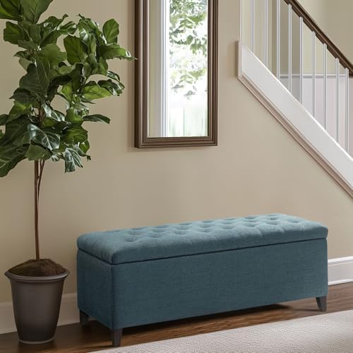 Madison Park Entryway Accent Bench for Living Room Flip Top Storage Chest, Shandra Tufted Top Upholstered Storage Bench End of Bed for Bedroom Furniture, Indoor Seating, 49"Wide, Blue