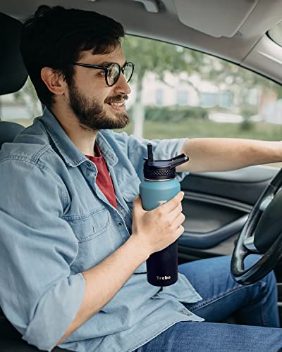 32 oz Water Bottle Insulated Fits in Any Car Cup Holder with 2 Lids (32 Ounces / Indigo/Black)