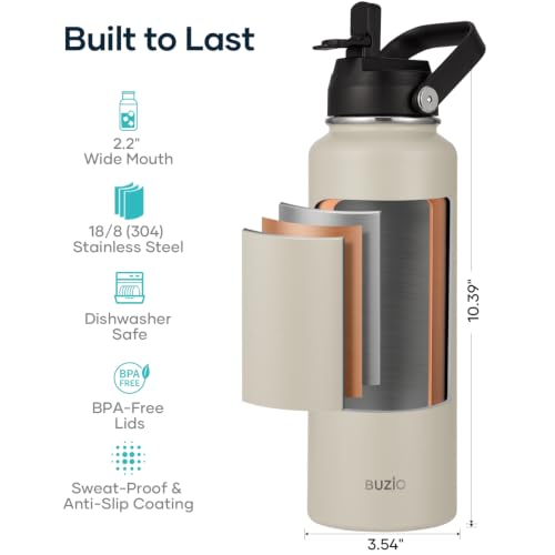 40 oz Insulated Water Bottle with Paracord Handle & Straw Spout Lids (40 Ounces / Greige)