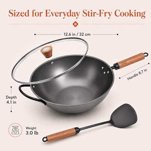 12.6 Inch Carbon Steel Wok with Lid (12.60 inch)