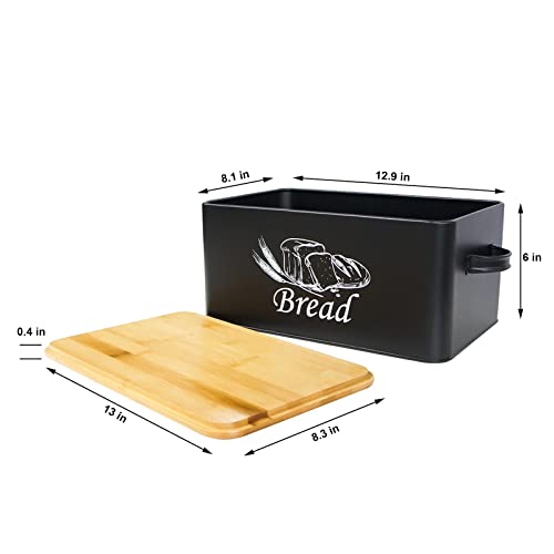Bread Box with 3pcs Jars Coffee Sugar Tea for Kitchen Countertop White Metal Bread Box with Bamboo Board Cover Pastry Storage Container Set Kitchen decor (Black Box)