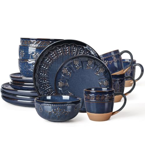 16 Piece Handcrafted Ceramic Dinnerware Set with Mugs (Multiple Patterns (16 Pieces) (Blue))