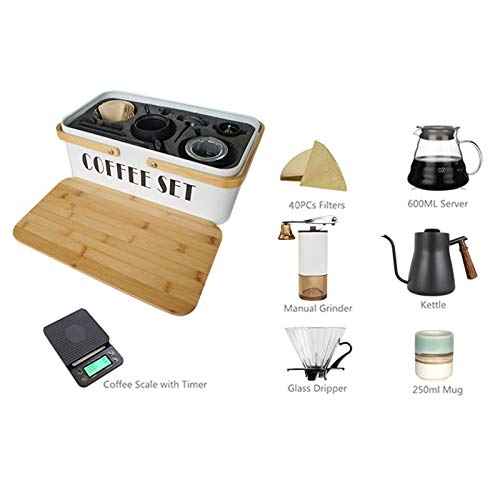 Pour Over Coffee Maker Set Coffee Kettle Scale Server Dripping Cup Bean Grinder Filter Paper Ceramic Cup ALL in 1 Great Portable Metal Box for Traveling Excellent Coffee Gift