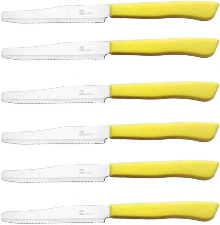 Tredoni 6 kitchen Knives - 4.3"/11cm Italian Stainless Steel Serrated Vegetable/Steak/Table Knife Cutlery, Rounded Tip (Yellow)
