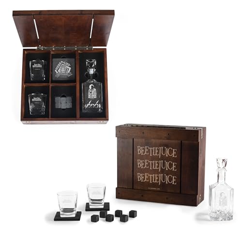 Beetlejuice Whiskey Box Gift Set with Glass Decanter Includes Glasses Stones and Coasters Parawood Collector Drinkware Display Set