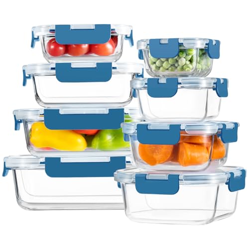 8 Pack Glass Food Storage Containers with Snap Locking Lids for Meal Prep (Deep Blue / 8 Pack)
