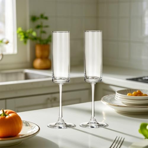 24 Pieces Clear Champagne Flutes 6 OZ Straight Sided Wine Glasses Champagne Long Stem Drinking Colored Glasses (24 Count)