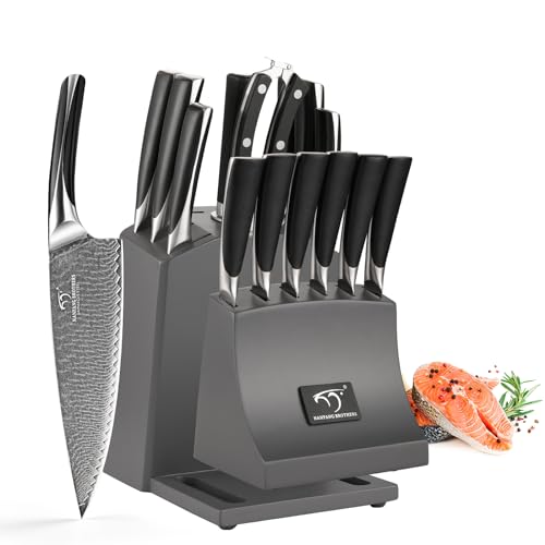 15 Piece Damascus Knife Set With Block