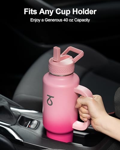 Insulated Water Bottle 40 oz Fits in Car Cup Holder with Side Handle (40 Ounces / Pink)