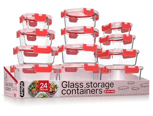 Bakken Borosilicate Glass Food Storage Containers with Lids 24 Pieces (Red)