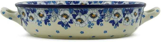 Polmedia Polish Pottery Round Baker with Handles 10-inch - Blue Spring Pattern Handmade in Boleslawiec Poland by Ceramika Artystyczna + Certificate of Authenticity