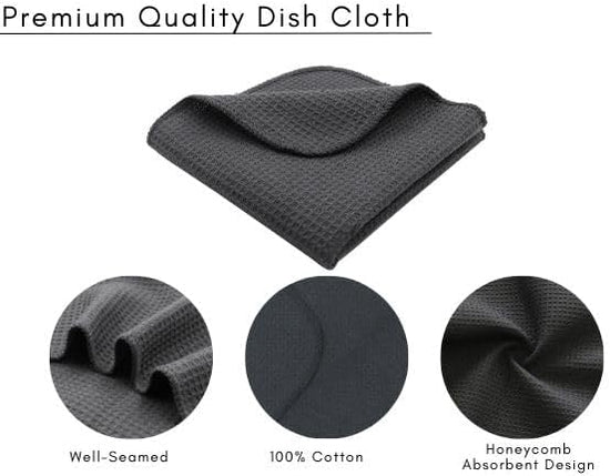 PurpleEssences Dish Cloths and Dish Rags - 6 Pack Waffle Weave Solid Kitchen Dish Wash Cloths, 100% Cotton, 12 x 12 Inches, Ultra Soft Absorbent Quick Drying - Spring Summer - Dark Grey - Nestoria