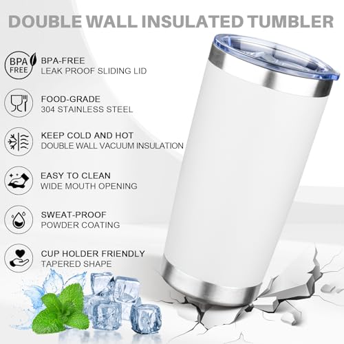 20oz Tumbler with Lid Double Wall Vacuum Insulated Travel Coffee Mug Stainless Steel Thermal Cup Powder Coated Sturdy Coffee Tumbler for Hot and Cold Beverage (20 Ounces / White)