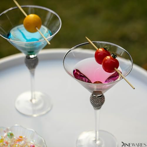 2 Piece Premium Clear Stem Crystal Martini Glasses with Silver Rim and Diamond