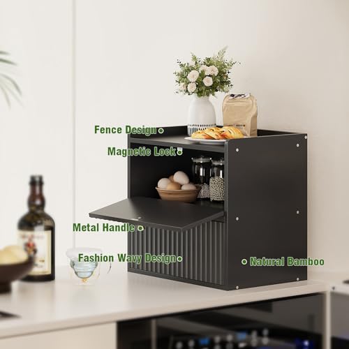 Rustic Bread Box for Kitchen Countertop Bamboo Bread Storage Container Bin Double Layer BreadBox Farmhouse Large Capacity Food Organizer Black (Black)