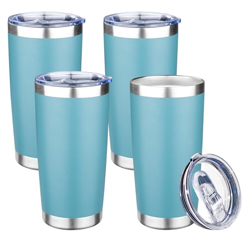20oz Tumbler with Lid Double Wall Vacuum Insulated Travel Coffee Mug Stainless Steel Thermal Cup Powder Coated Sturdy Coffee Tumbler Bulk for Hot and Cold Beverage (20 Ounces (4 Pack) / Glacier blue)