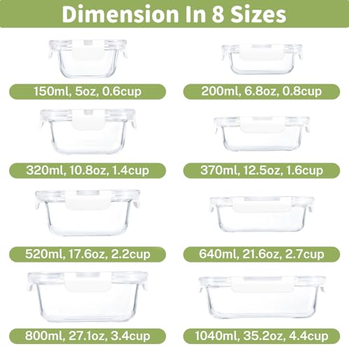 8 Pack Glass Food Storage Containers with Snap Locking Lids for Meal Prep (White / 8 Pack)