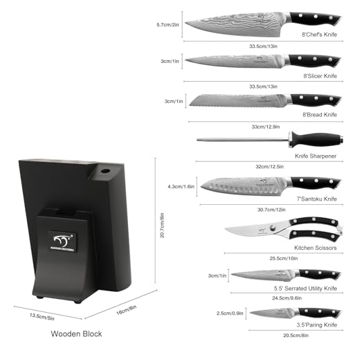 9 Piece Damascus Kitchen Knife Set with Block (9 Count)