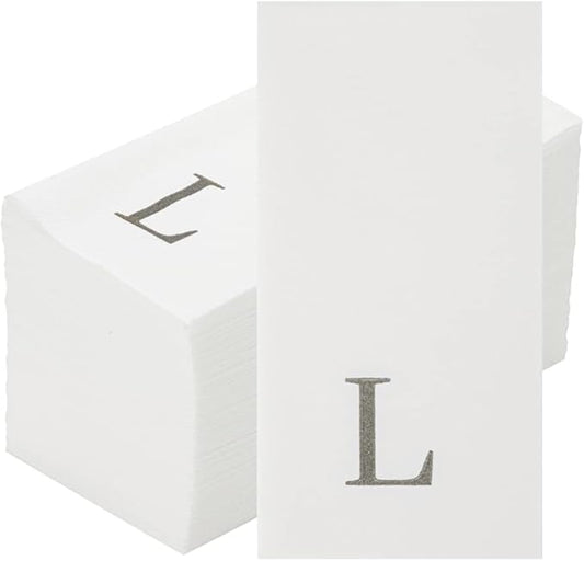 Luxenap 15.8 X 7.9 Inch Linen-Feel Guest Towels, 50 Lettered Hand Towels - Silver Letter 'L', Sans Serif Font, White Paper Dinner Napkins, airlaid, For Restrooms And Tables - Restaurantware