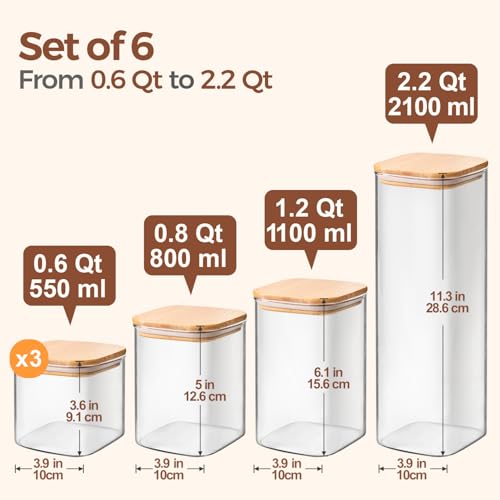 Glass Storage Containers Set of 6 (0.6qtx3 + 0.8qtx1 + 1.2qtx1 + 2.2qtx1)