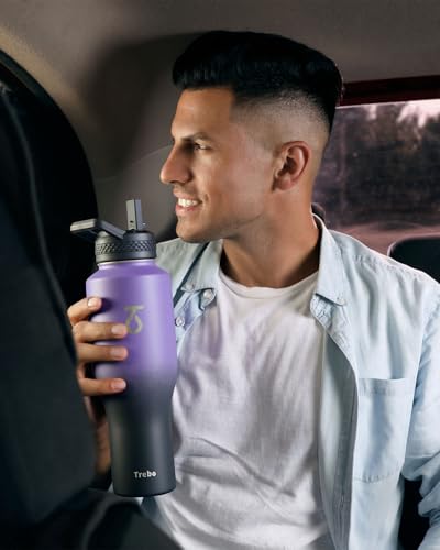 40 oz Water Bottle Insulated Fit in Any Car Cup Holder with 2 Lids (40 Ounces / Dark Purple)