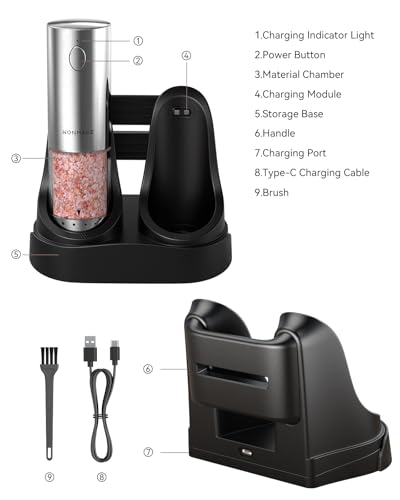Electric Salt and Pepper Grinder Set with Charging Base & LED Light (Silver / Set)