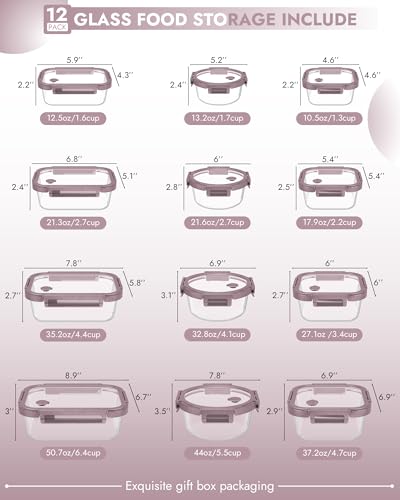 12 Pack Glass Containers with Tempered Lids (Tempered Lids Pink / 12 mixed sizes)
