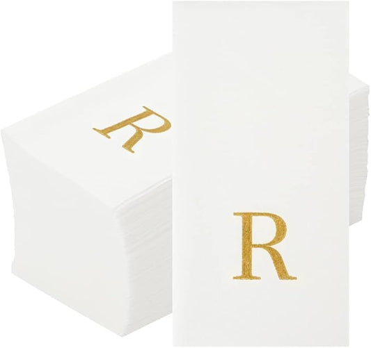 Luxenap 15.8 X 7.9 Inch Linen-Feel Guest Towels, 2000 Lettered Hand Towels - Gold Letter 'R', Sans Serif Font, White Paper Dinner Napkins, airlaid, For Restrooms And Tables