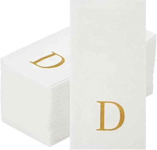 Luxenap 15.8 X 7.9 Inch Linen-Feel Guest Towels, 50 Lettered Hand Towels - Gold Letter 'D', Sans Serif Font, White Paper Dinner Napkins, airlaid, For Restrooms And Tables - Restaurantware