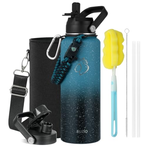 40 oz Insulated Water Bottle with Paracord Handle & Straw Spout Lids (40 Ounces / Starry Indigo)