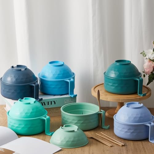 6 Sets Microwave Ramen Bowl with Utensils Bulk (Blue,Green)