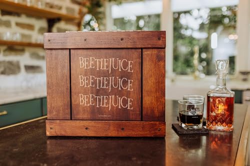 Beetlejuice Whiskey Box Gift Set with Glass Decanter Includes Glasses Stones and Coasters Parawood Collector Drinkware Display Set