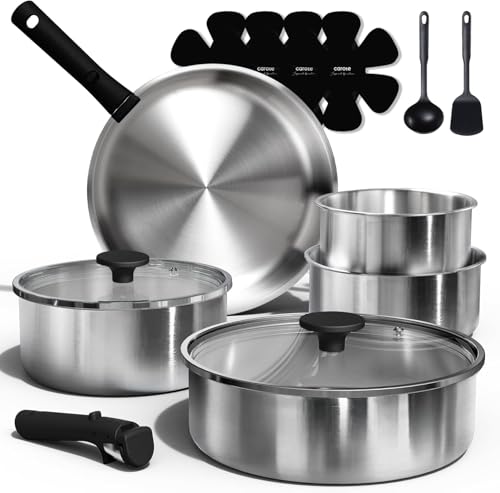 15pcs Tri Ply Stainless Steel Cookware Set with Detachable Handle (12 Count)