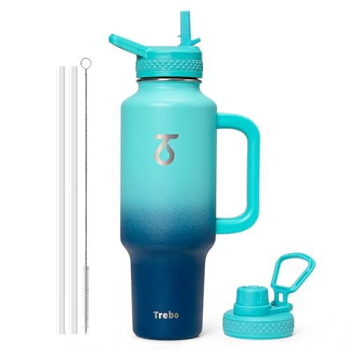 Insulated Water Bottle 40 oz Fits in Car Cup Holder with Side Handle (40 Ounces / Blue)