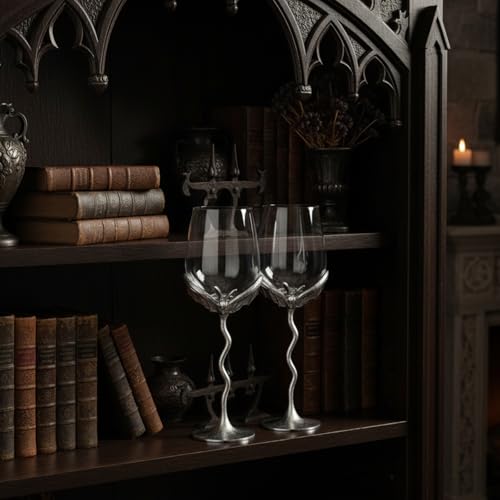 Silver Bat Wine Glasses Set of 2 Gothic Goblets with Alloy Steel Stems and Borosilicate Glass Unique Spooky Barware for Wine Lovers Dining Parties Holiday Gift Collectible Display (2 Count)