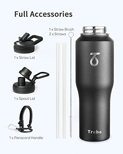 32 oz Water Bottle Insulated Fits in Any Car Cup Holder with 2 Lids (32 Ounces / Black)