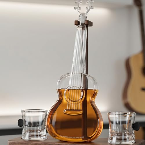 Guitar Whiskey & Wine Decanter & Mahogany Base (3 Count)