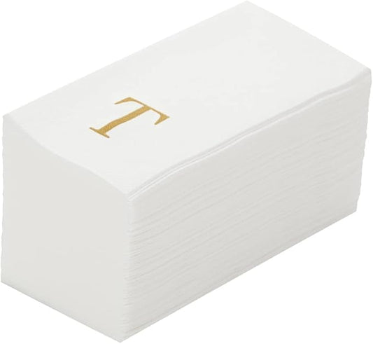Luxenap 15.8 X 7.9 Inch Linen-Feel Guest Towels, 2000 Lettered Hand Towels - Gold Letter 'T', Sans Serif Font, White Paper Dinner Napkins, airlaid, For Restrooms And Tables