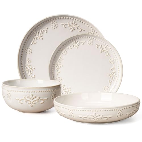 4 Piece Handcrafted Ceramic Dinnerware Set with Pasta Bowls (Damask Floral (4 Pieces) (White))