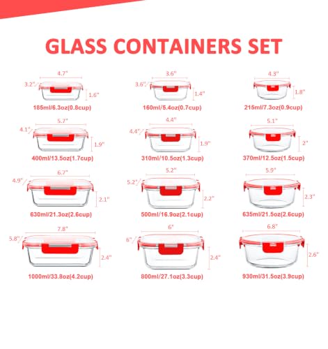 24 Pieces Glass Food Storage Containers Set (Red / 12 Pack)
