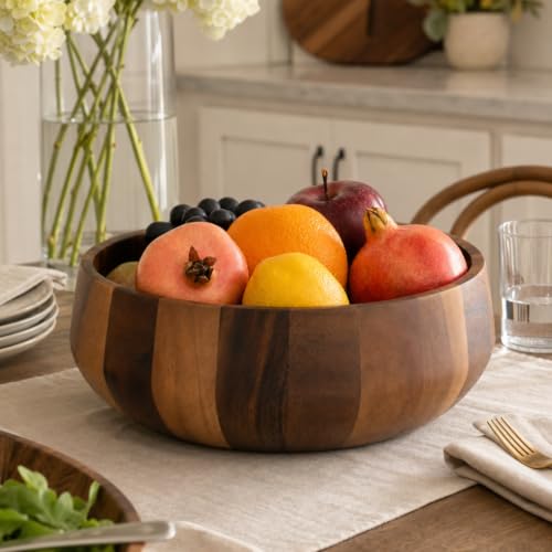 Modern Round Acacia Wood Serving Bowl for Fruits and Salads 4.5" H x 11" Diameter (4.5" Tall x 11" Diameter)