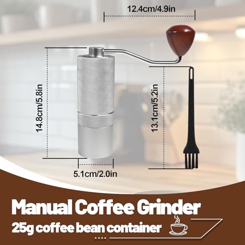 Manual Coffee Grinder Gift Box Detachable Stainless Steel Conical Burr Aluminum Coffee Bean Grinder with 25 Grinding Settings Cleaning Brush Grindable Espresso Moka Pot for Camping Silver (Detachable / Silver)