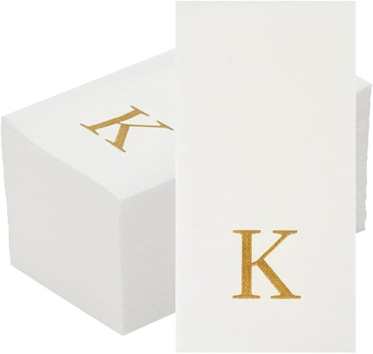 Luxenap 15.8 X 7.9 Inch Linen-Feel Guest Towels, 50 Lettered Hand Towels - Gold Letter 'K', Sans Serif Font, White Paper Dinner Napkins, airlaid, For Restrooms And Tables