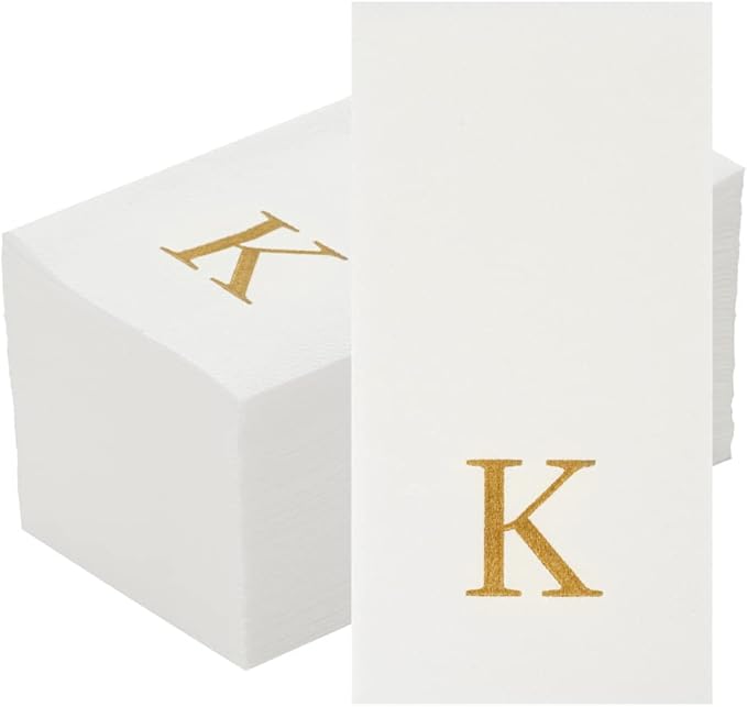 Luxenap 15.8 X 7.9 Inch Linen-Feel Guest Towels, 2000 Lettered Hand Towels - Gold Letter 'K', Sans Serif Font, White Paper Dinner Napkins, airlaid, For Restrooms And Tables