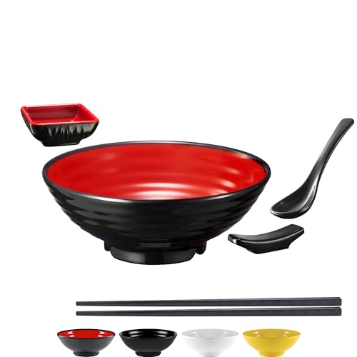 Unbreakable Ramen Bowl Set with Chopsticks and Spoon (1 Bowl Set / Red & Black)